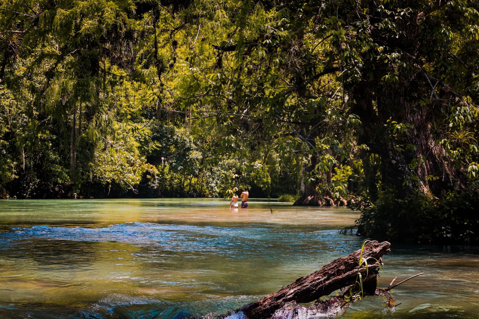 A tranquil river scene with people enjoying nature in lush San Luis Potosí, Mexico.
