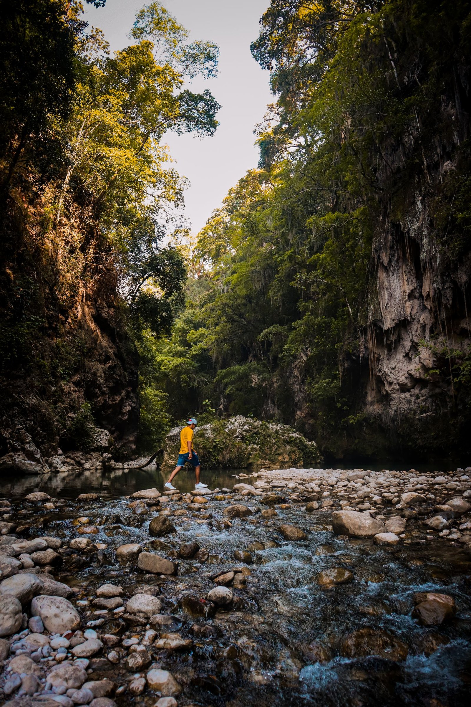 A traveler explores a rocky stream through lush forest canyon in San Luis Potosí, Mexico.