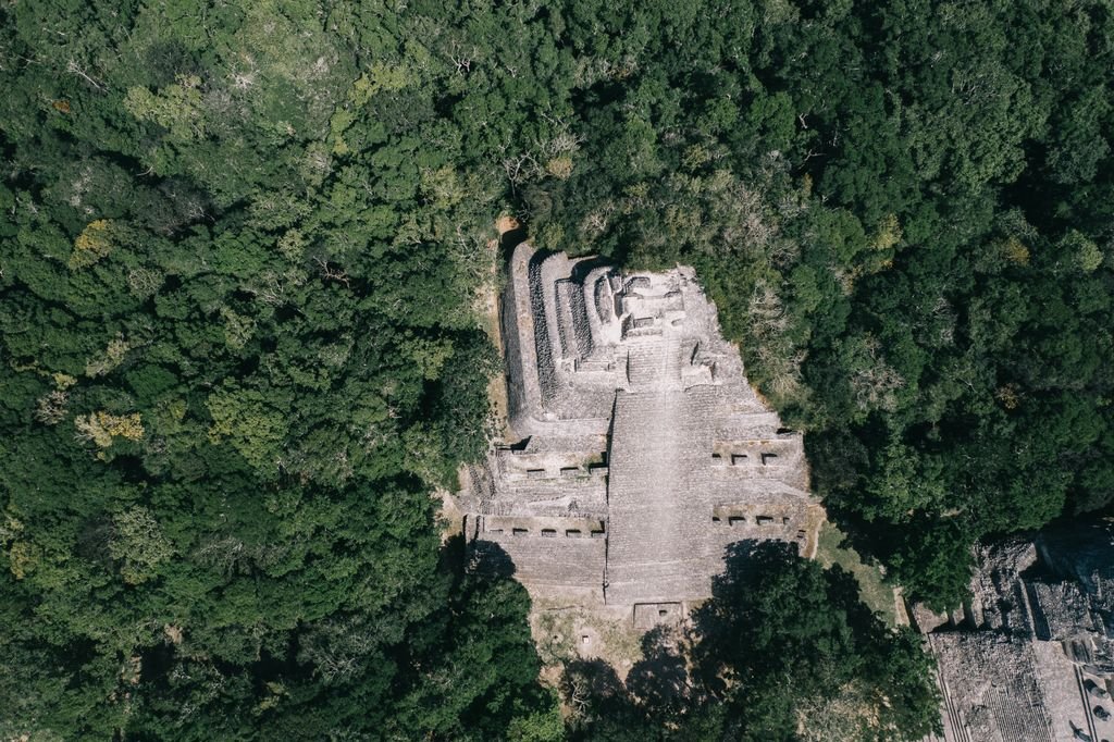 Aerial view of ancient stone ruins surrounded by lush greenery, showcasing historic architecture.