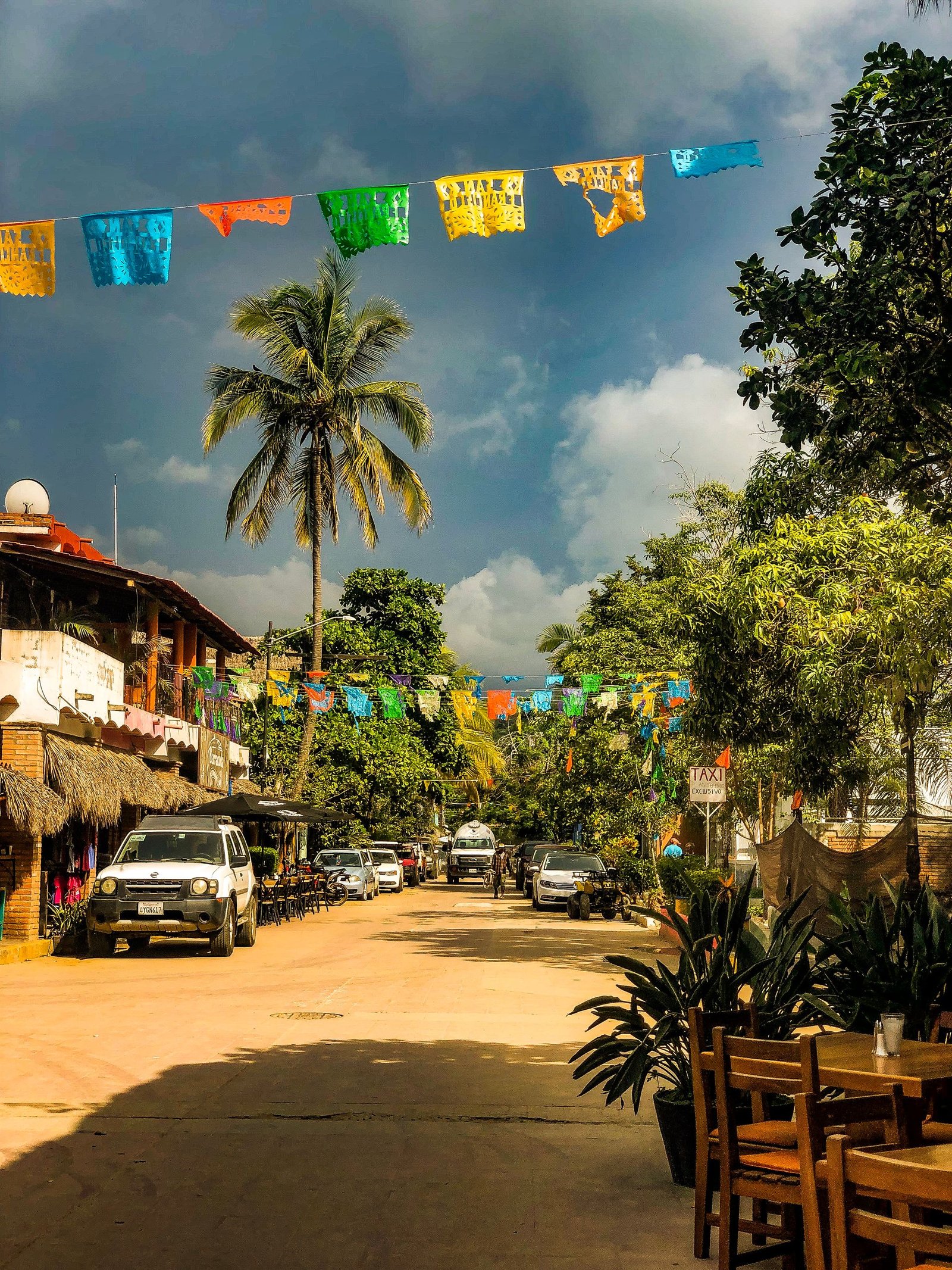 Captivating street scene with vibrant flags and palm trees in San Francisco, Nayarit, Mexico.