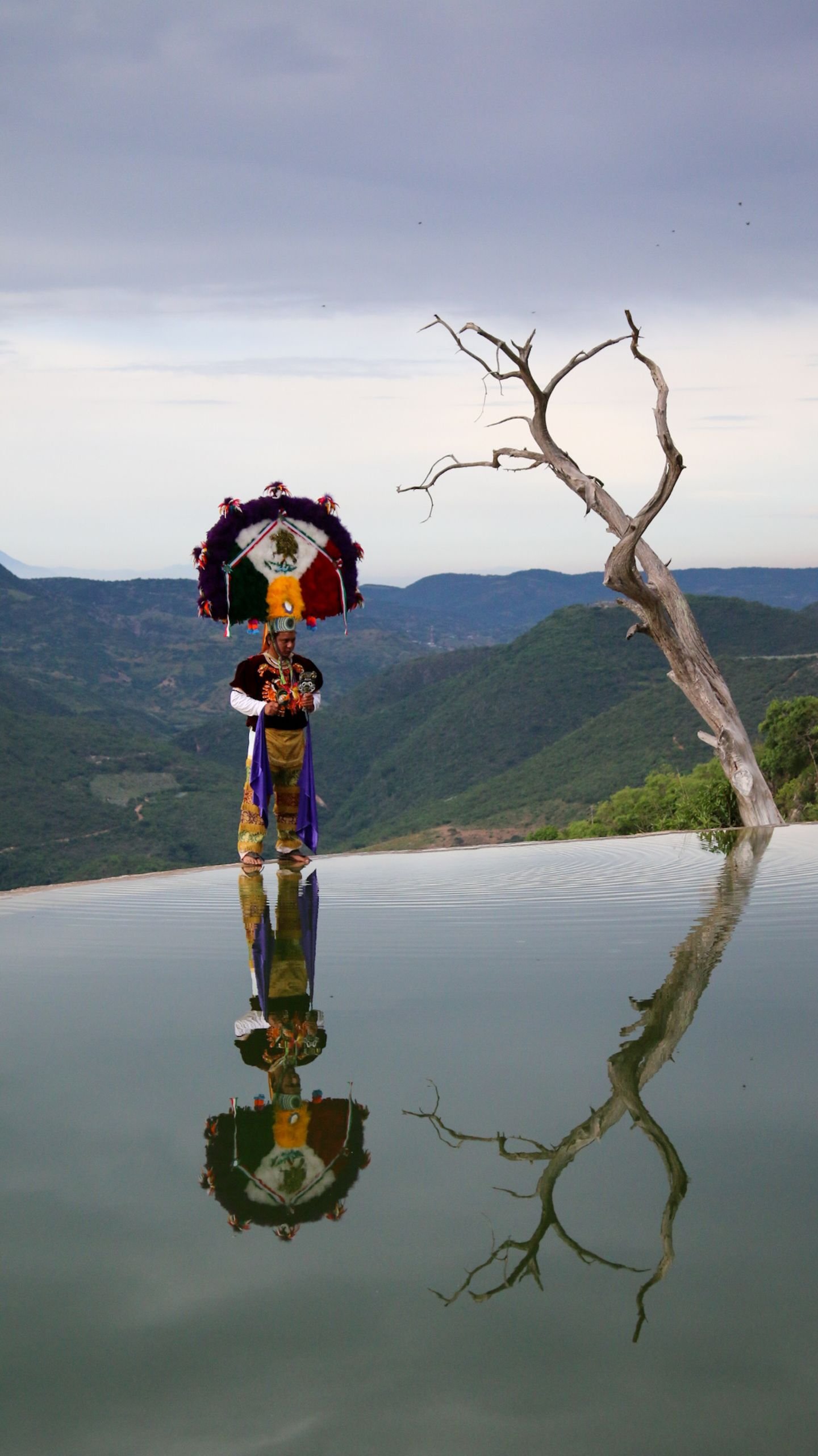 A traditional dancer stands near a reflective pool with a scenic landscape and bare tree.