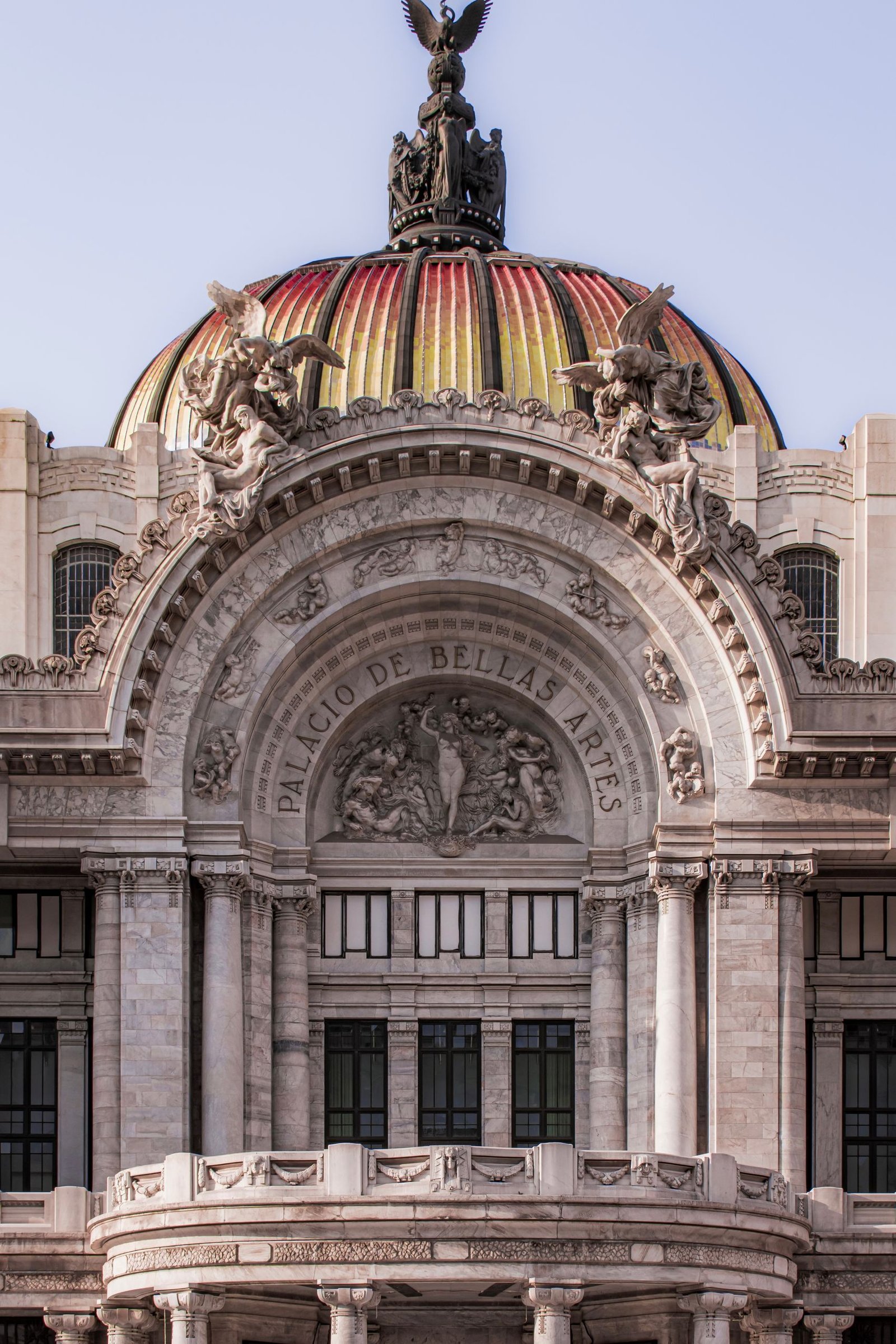 Close-up of the Palacio de Bellas Artes in Mexico City showcasing its neoclassical and art nouveau architecture.