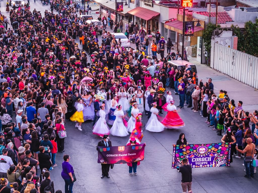 A colorful Day of the Dead parade with costumes and crowds in a lively street.