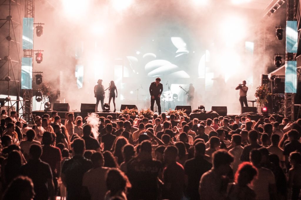 Lively crowd enjoying a nighttime concert with dynamic lighting and energetic performers on stage.